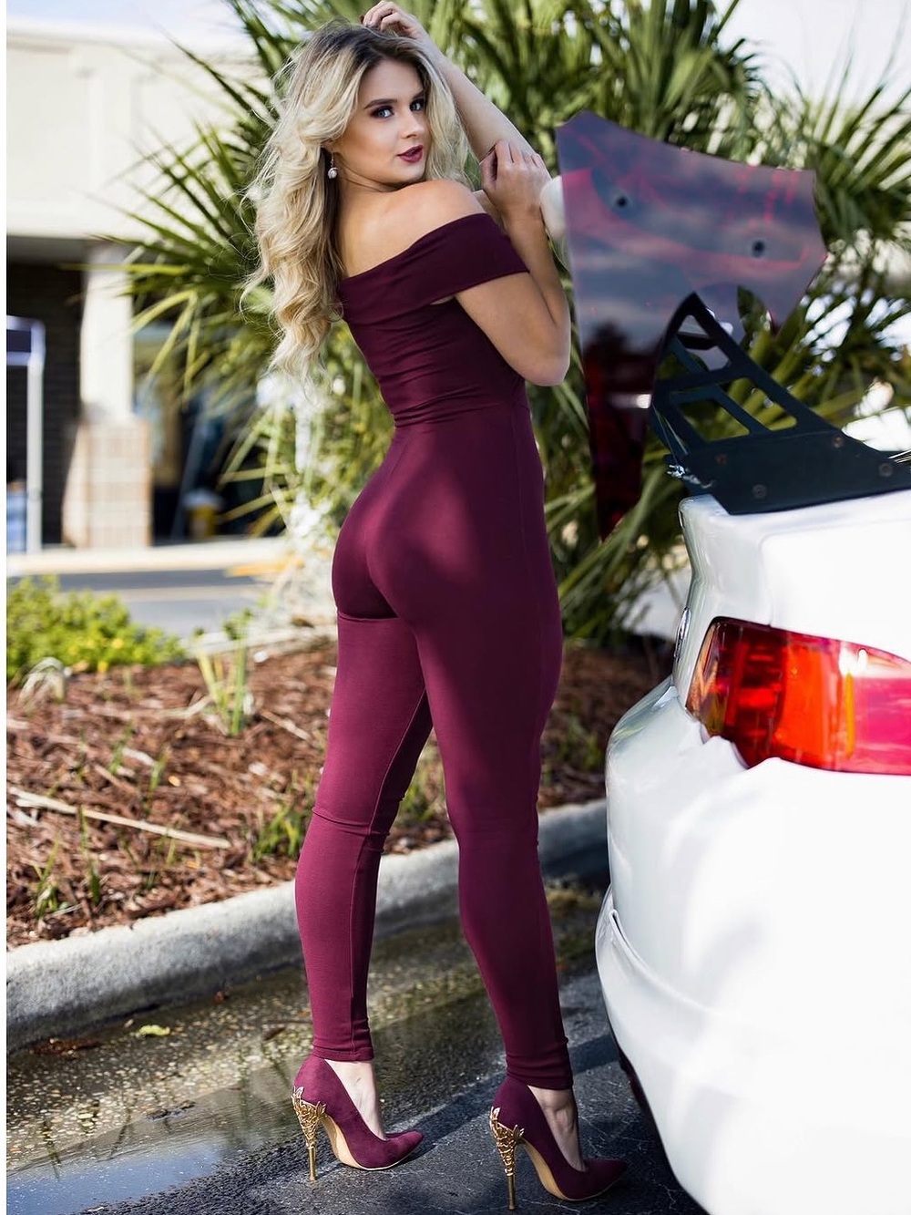 Fashion Nova Off-Shoulder Burgundy Stretch Jumpsuit